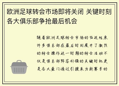 欧洲足球转会市场即将关闭 关键时刻各大俱乐部争抢最后机会